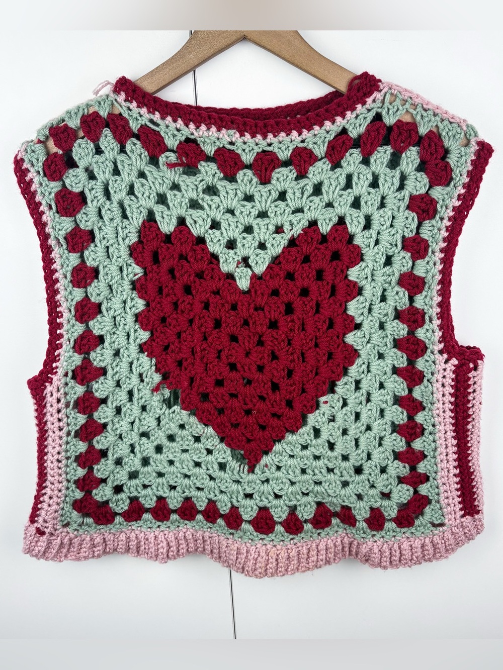 Vintage Heart Granny Crochet Knit Hand Made Sweater Vest Red Pink Cottagecore